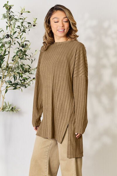 Ribbed Crew Neck Long Sleeve Side Slit TopTopBasic Bae