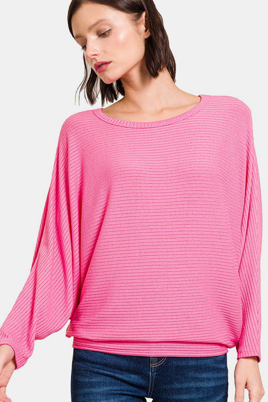 Ribbed Crew Neck Long Sleeve Top in Candy PinkTopZenana
