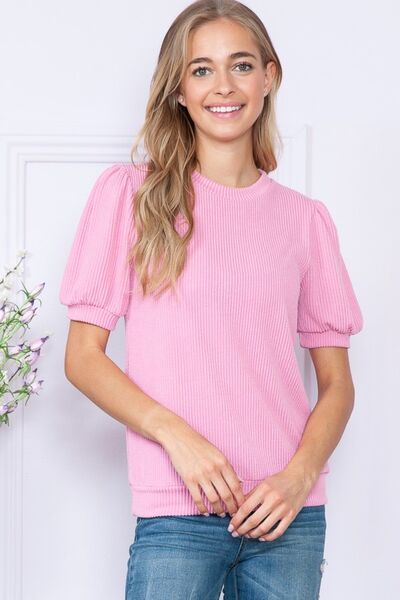 Ribbed Crew Neck Short Sleeve Top in PinkTopReborn J