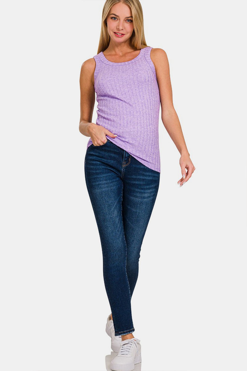 Ribbed Crew Neck Tank in LavenderTankZenana