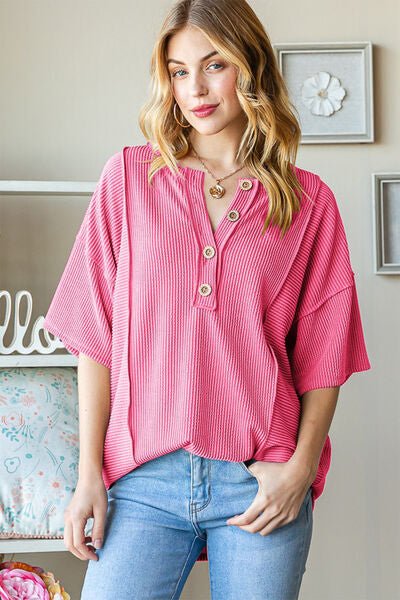 Ribbed Half Button Drop Shoulder Top in Hot PinkTopHeimish