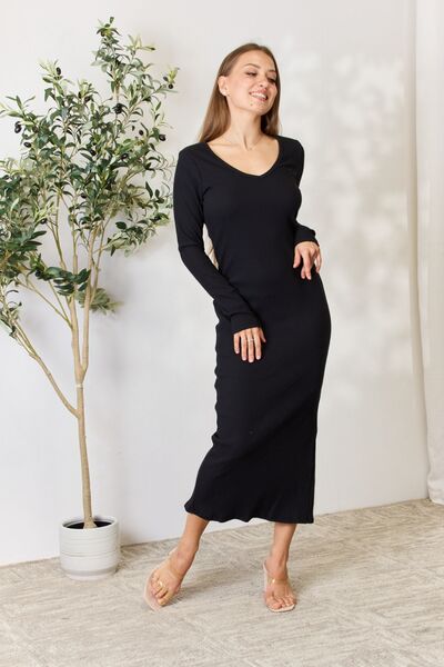 Ribbed Long Sleeve Midi Back Slit Dress in BlackMidi DressCulture Code