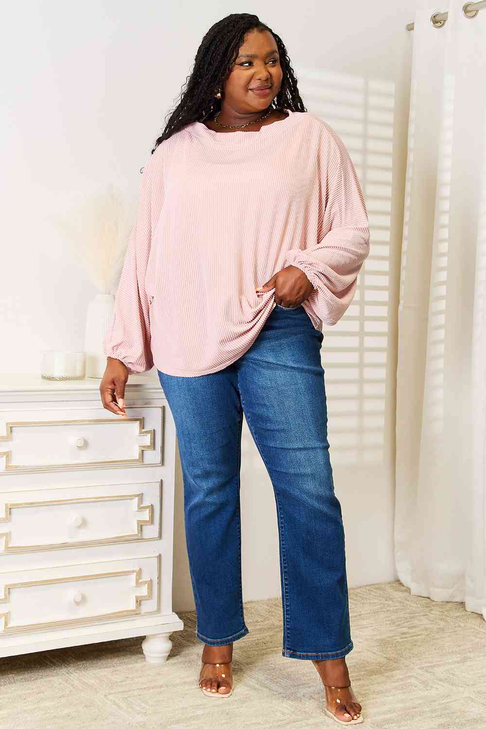 Ribbed Long Sleeve Top in Dusty PinkTopDouble Take
