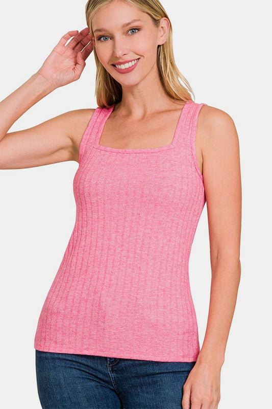 Ribbed Square Neck Tank in Viva MagentaTankZenana