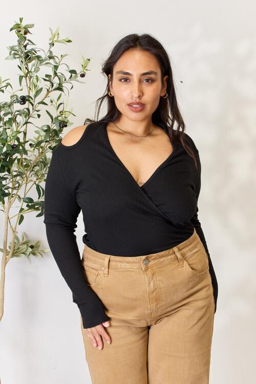 Ribbed Surplice Cold Shoulder Top in BlackTopCulture Code