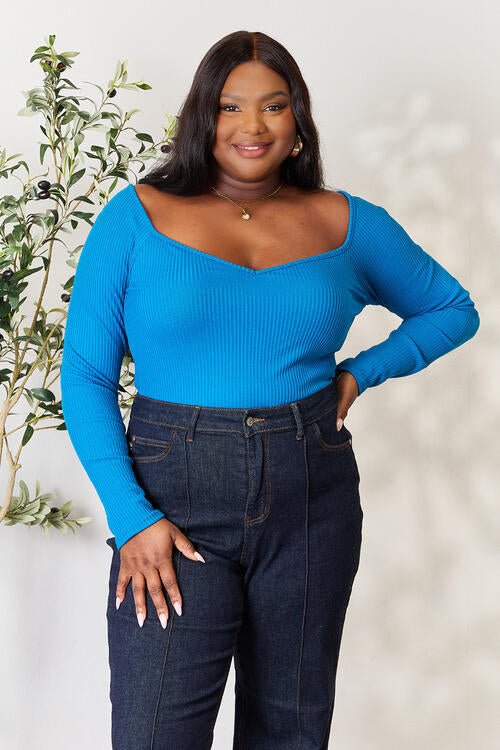 Ribbed Sweetheart Neck Knit Top in Blue TealTopCulture Code