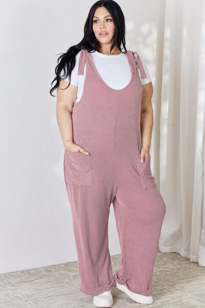 Ribbed Tie Shoulder Sleeveless Ankle Length Overalls in ElderberryOverallsCeleste Design