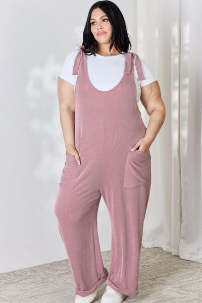 Ribbed Tie Shoulder Sleeveless Ankle Length Overalls in ElderberryOverallsCeleste Design