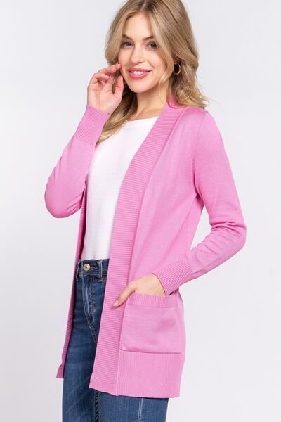 Ribbed Trim Open Front Cardigan in PinkCardiganACTIVE BASIC