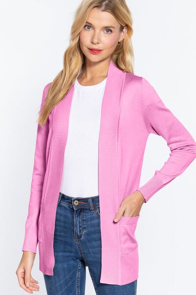 Ribbed Trim Open Front Cardigan in PinkCardiganACTIVE BASIC