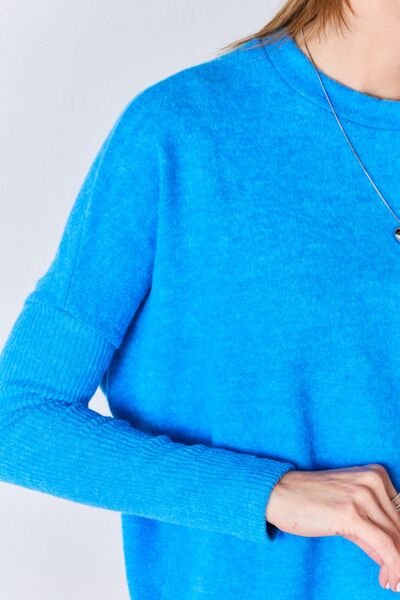 Ribbed Trim Round Neck Long Sleeve Top in Ocean BlueTopZenana