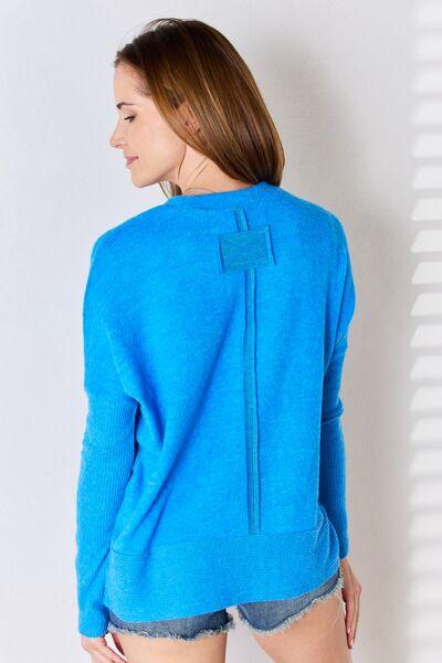 Ribbed Trim Round Neck Long Sleeve Top in Ocean BlueTopZenana