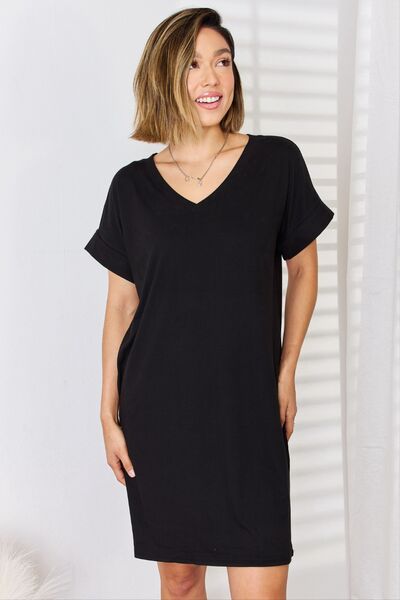 Rolled Short Sleeve V-Neck Mini Dress in BlackMini DressZenana