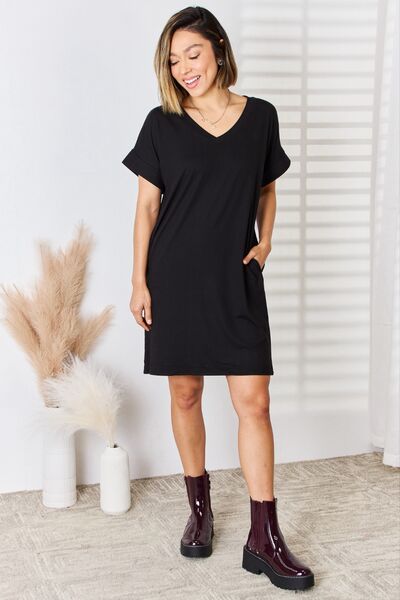 Rolled Short Sleeve V-Neck Mini Dress in BlackMini DressZenana