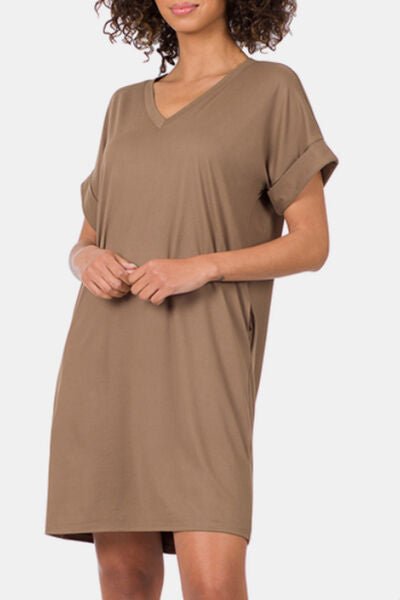 Rolled Short Sleeve V-Neck Mini Dress in MochaMini DressZenana