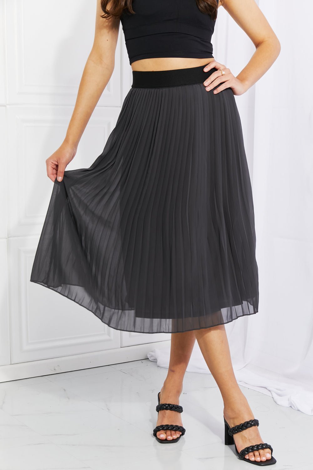 Pleated Chiffon Midi Skirt in Dark GrayMidi SkirtZenana
