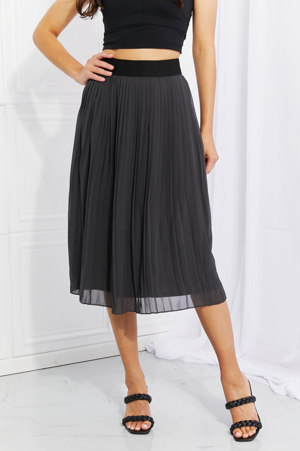 Pleated Chiffon Midi Skirt in Dark GrayMidi SkirtZenana