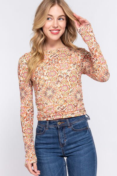 Ruched Printed Long Sleeve Top in Cream/GoldTopACTIVE BASIC