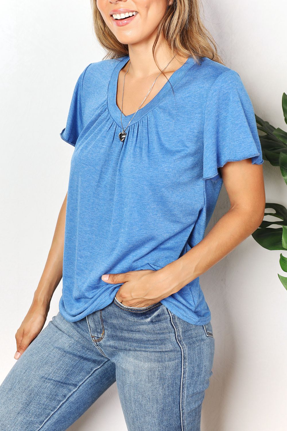 Ruched V-Neck Short Sleeve T-ShirtTeeDouble Take