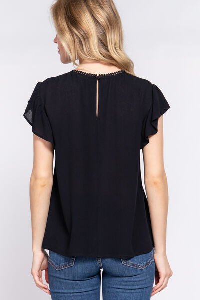 Ruffle Short Sleeve Crochet Detail Rayon Blouse in BlackBlouseACTIVE BASIC