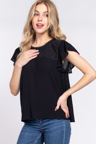 Ruffle Short Sleeve Crochet Detail Rayon Blouse in BlackBlouseACTIVE BASIC