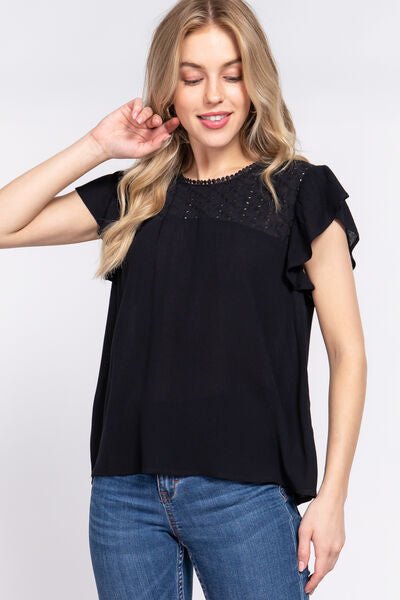 Ruffle Short Sleeve Crochet Detail Rayon Blouse in BlackBlouseACTIVE BASIC