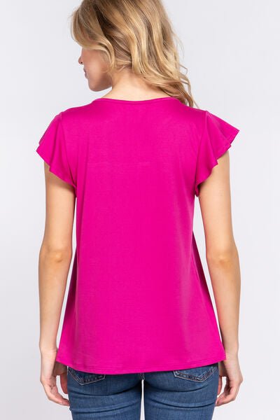 Ruffle Short Sleeve Lace Detail Knit Top in MagentaTopACTIVE BASIC