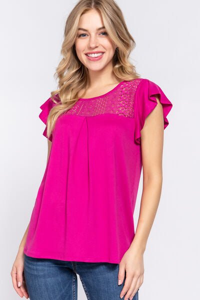 Ruffle Short Sleeve Lace Detail Knit Top in MagentaTopACTIVE BASIC