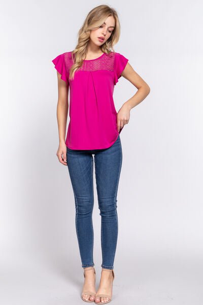 Ruffle Short Sleeve Lace Detail Knit Top in MagentaTopACTIVE BASIC