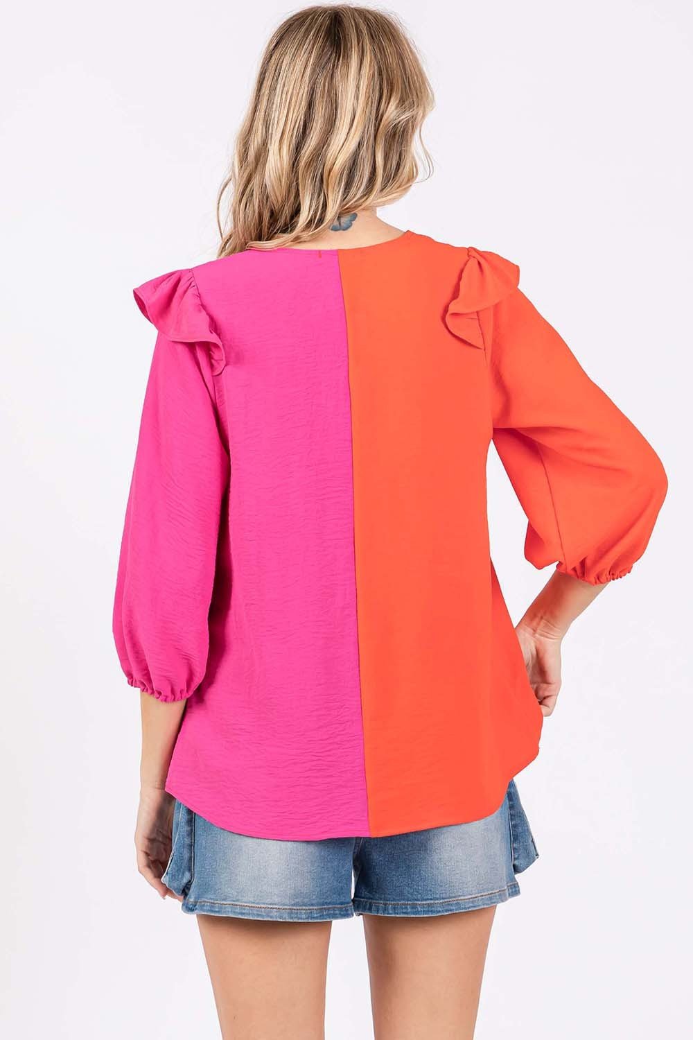 Ruffle Trim Contrast Blouse in Orange/FuchsiaBlouseGeeGee