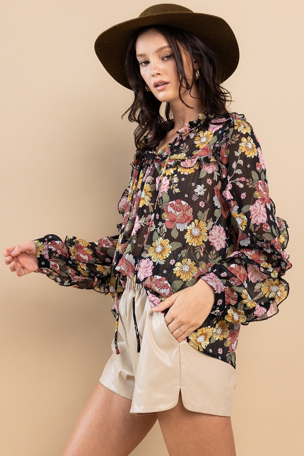 Ruffle Trim Long Sleeve Floral BlouseBlouseCes Femme