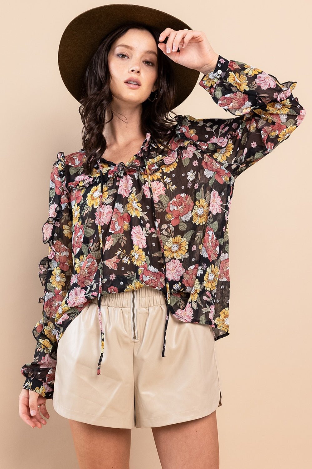 Ruffle Trim Long Sleeve Floral BlouseBlouseCes Femme