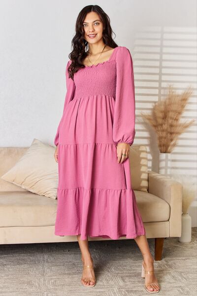 Ruffle Trim Smocked Tiered Midi Dress in Medium RoseMidi DressCulture Code