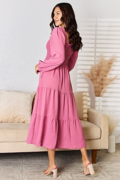 Ruffle Trim Smocked Tiered Midi Dress in Medium RoseMidi DressCulture Code