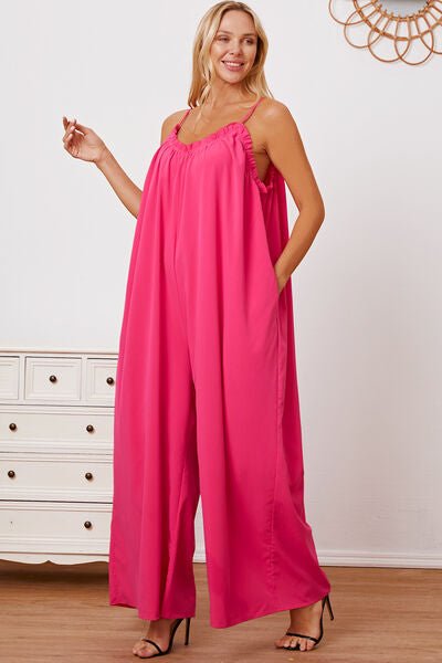 Ruffle Trim Tie Back Cami Jumpsuit with PocketsJumpsuitBeach Rose Co.