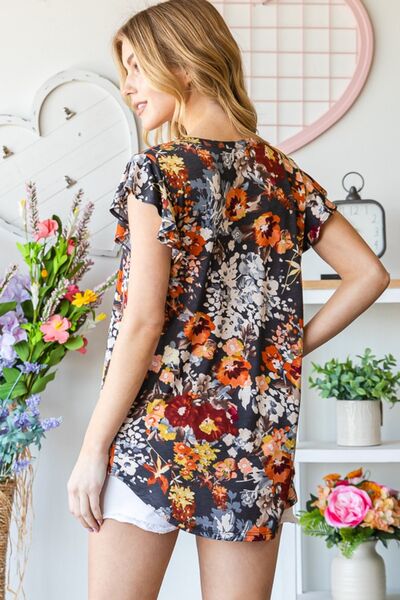 Ruffled Floral Cap Sleeve Blouse in BlackBlouseHeimish