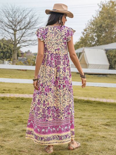 Ruffled Printed Tie Neck Cap Sleeve Maxi DressMaxi DressBeach Rose Co.