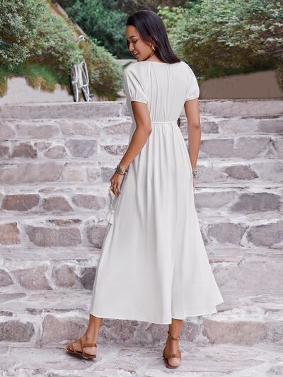 Ruffled Square Neck Short Sleeve Midi Dress in WhiteMidi DressBeach Rose Co.