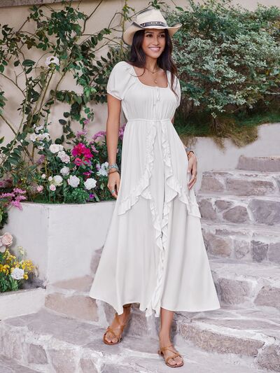 Ruffled Square Neck Short Sleeve Midi Dress in WhiteMidi DressBeach Rose Co.