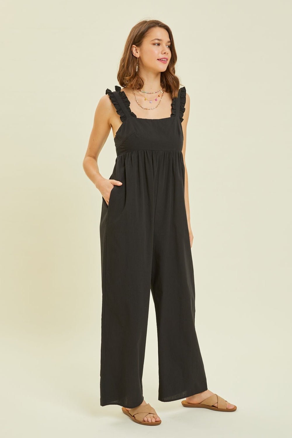 Ruffled Strap Back Tie Wide Leg Jumpsuit in BlackJumpsuitHEYSON