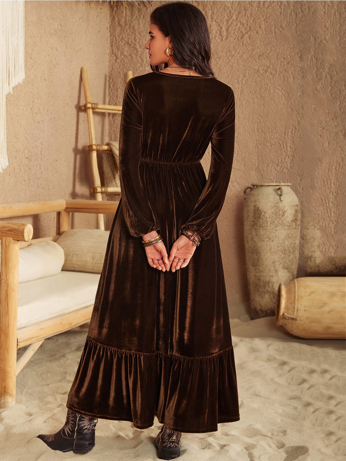 Ruffled V-Neck Long Sleeve Velvet Maxi Dress in ChocolateMaxi DressBeach Rose Co.