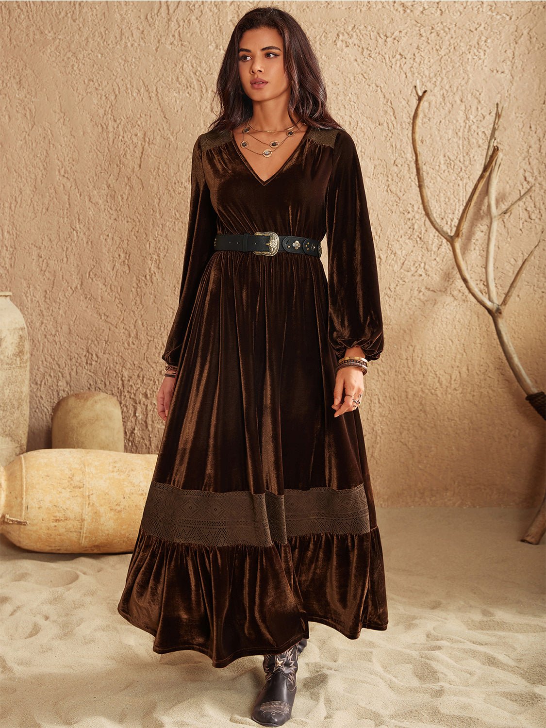 Ruffled V-Neck Long Sleeve Velvet Maxi Dress in ChocolateMaxi DressBeach Rose Co.