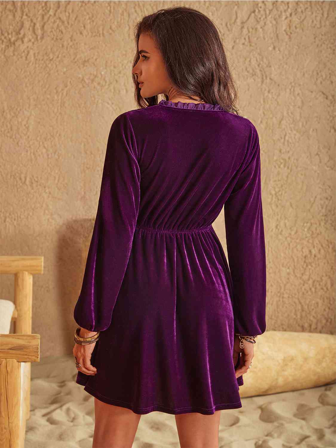 Ruffled V-Neck Long Sleeve Velvet Mini Dress in PlumMini DressBeach Rose Co.