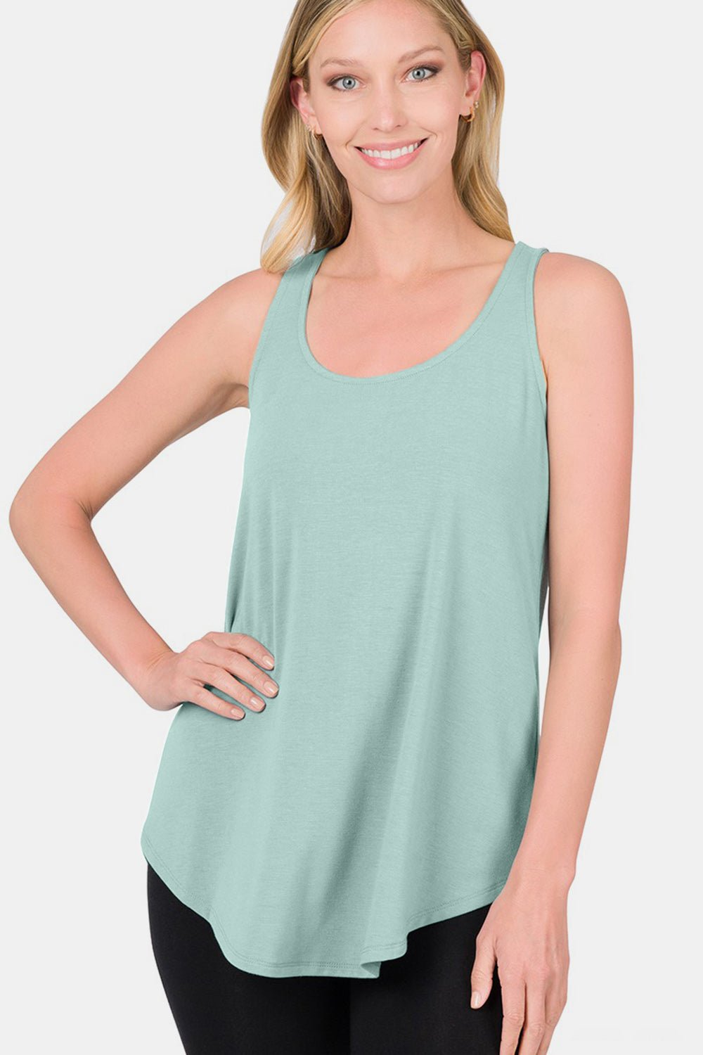 Scoop Neck Curved Hem Tank in Dusty GreenTankZenana