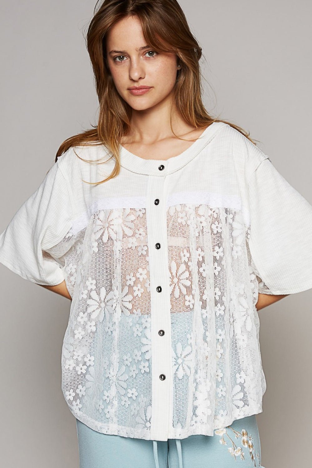 Scoop Neck Short Sleeve Lace Top in Off-WhiteTopPOL