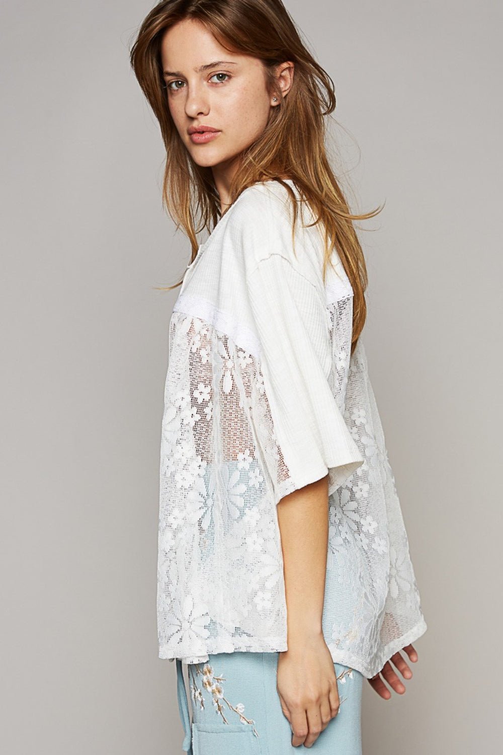 Scoop Neck Short Sleeve Lace Top in Off-WhiteTopPOL