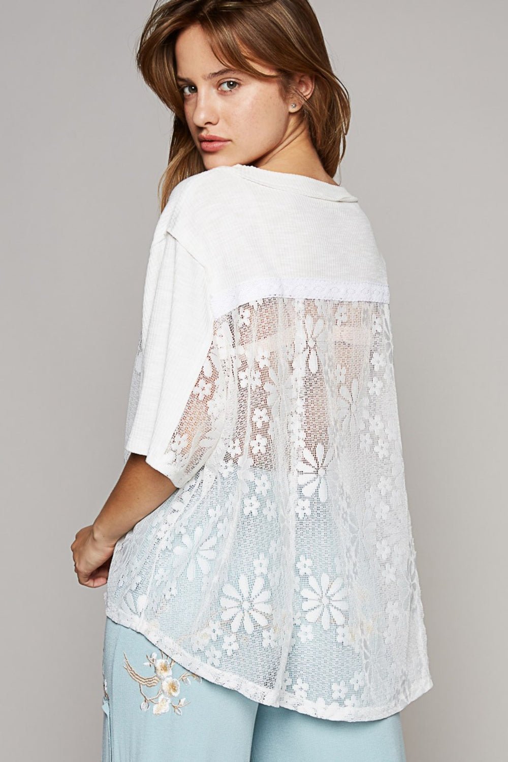 Scoop Neck Short Sleeve Lace Top in Off-WhiteTopPOL