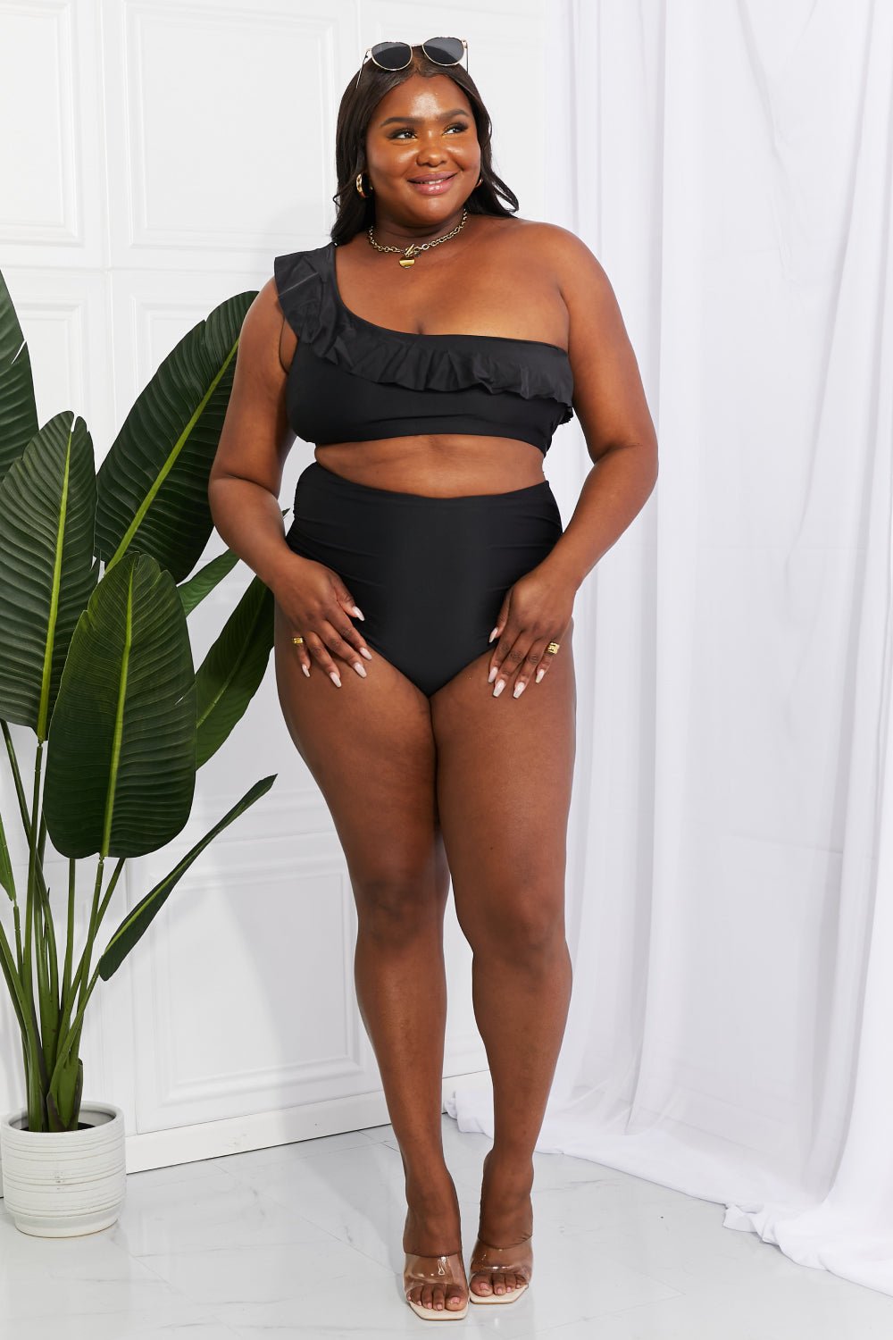 Ruffle One-Shoulder Bikini in BlackBikiniMarina West Swim