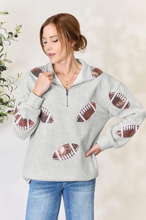 Sequin Football Half Zip Long Sleeve SweatshirtSweatshirtDouble Take
