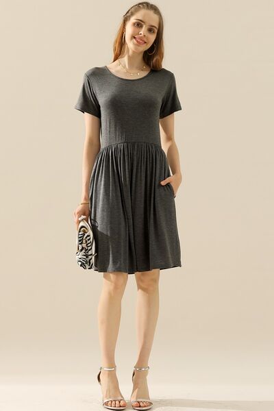 Short Sleeve Ruched Mini Dress with PocketsMini DressNinexis
